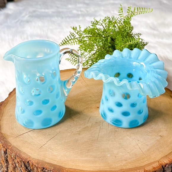 Vintage "Coin Dot Blue" Aqua Opalescent Mini Pitcher & Sugar Hat Set by Fenton - Picture 4 of 5